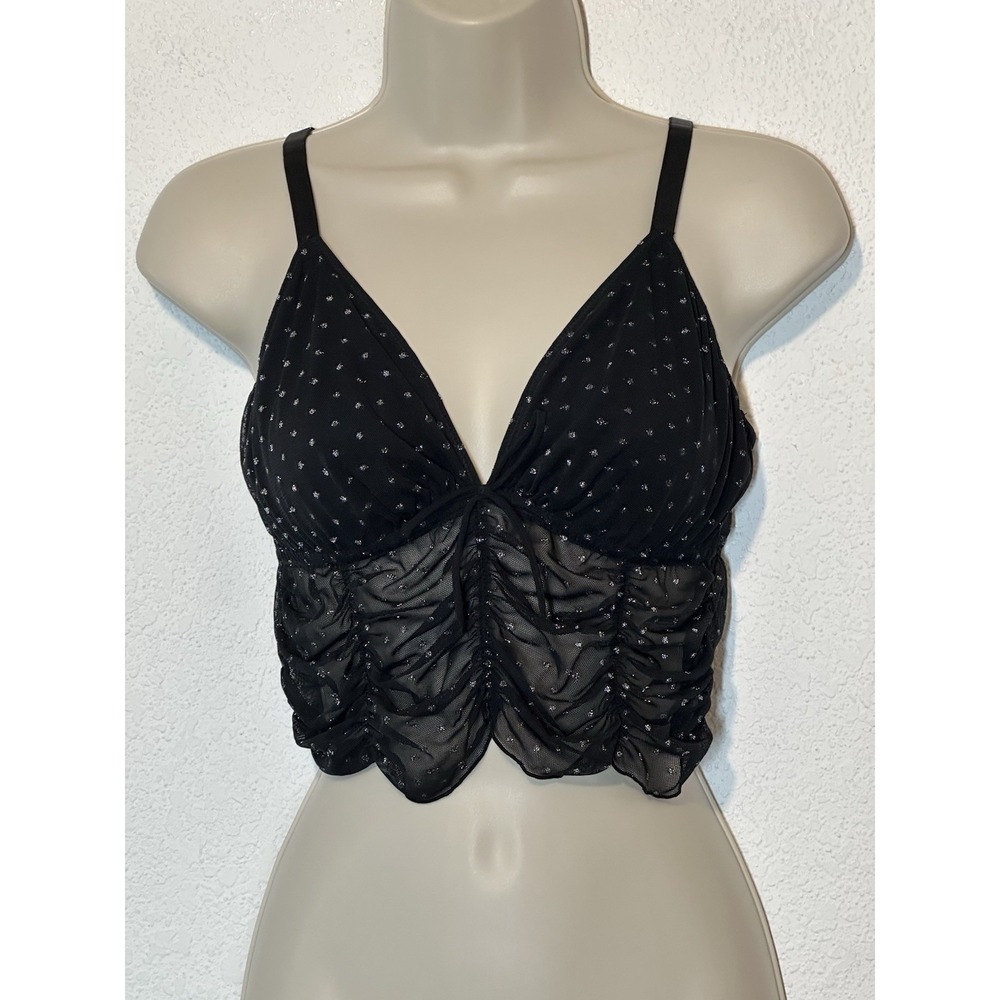 Colsie Black Silver Metallic Dot Mesh Top Large Sheer Ruched Crop Tank Whimsigot